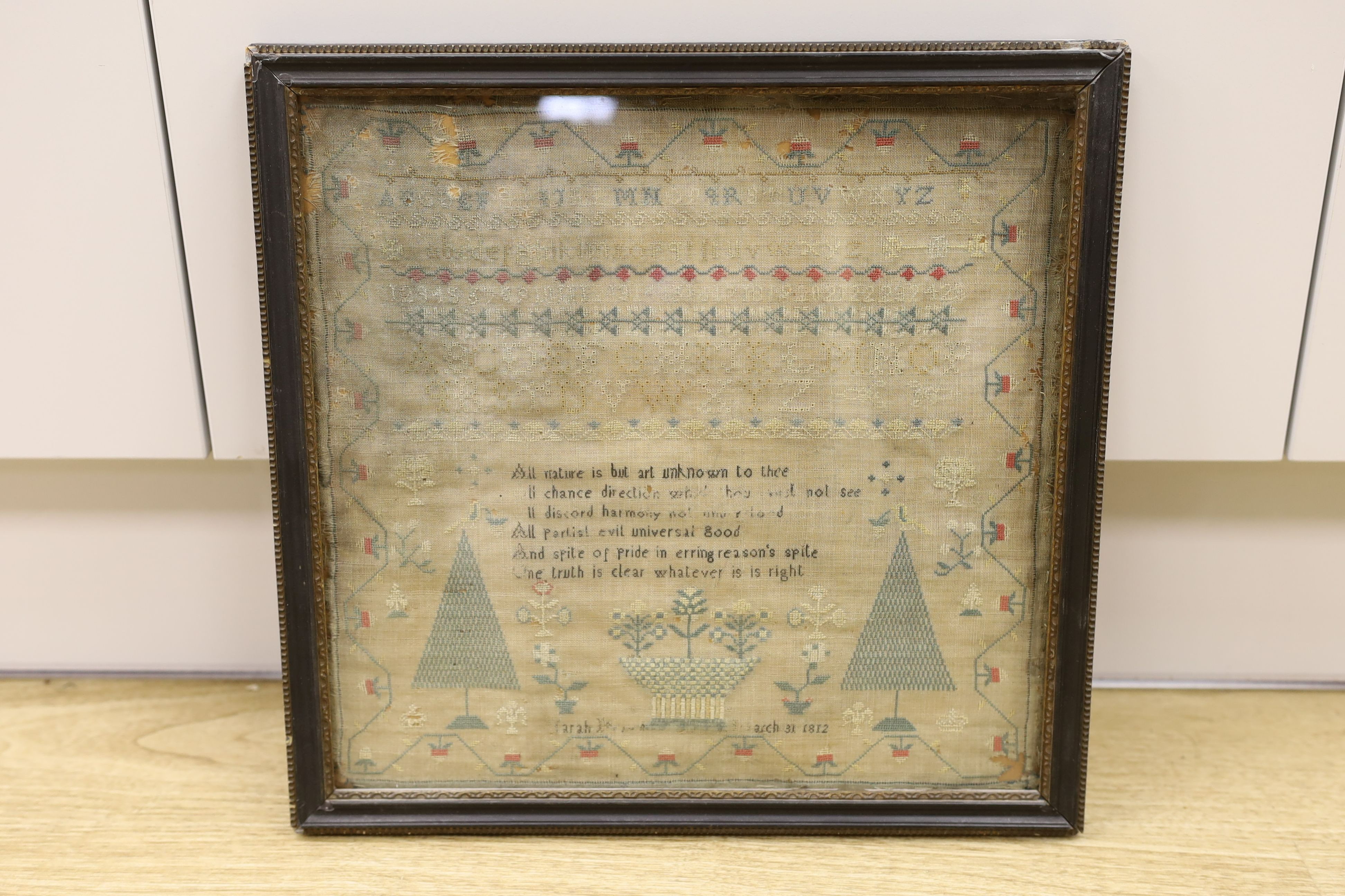 Four 19th century needlepoint samplers, by Maria Day 1841, 51 x 44cm, Sarah ? 1812, Sarah Ann Griffin 1866, and Mary Jones